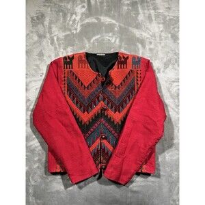 Vintage 70s 80s Guatemalan Embroidered Button Cropped Jacket Size M/L Red Aztec